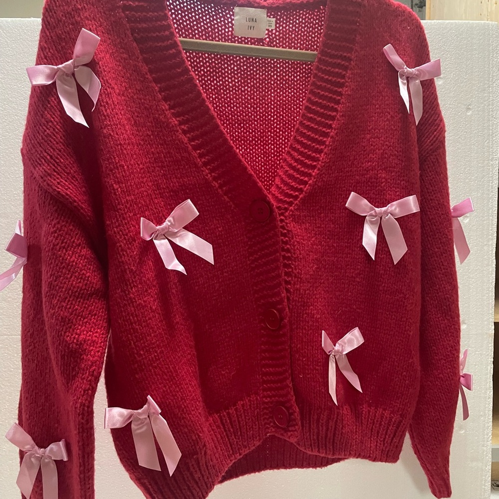 Chic Red Cardigan with Pink Accents